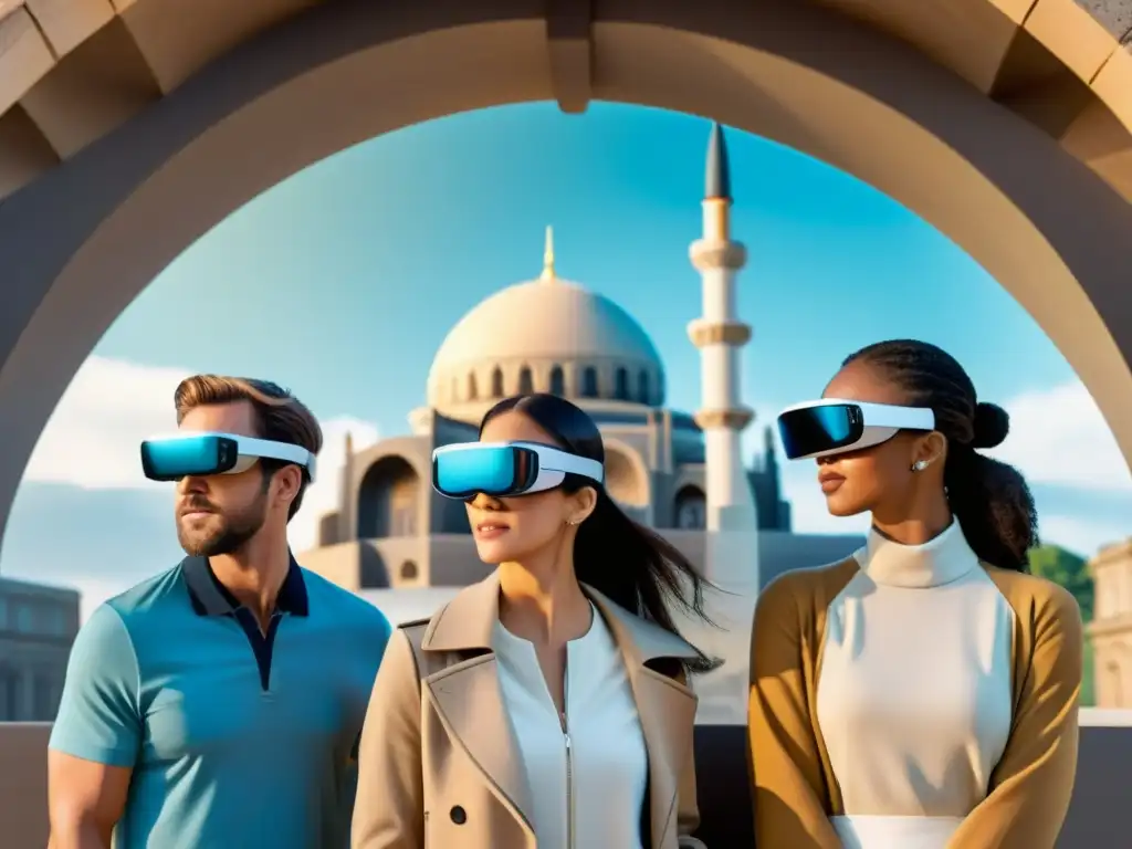 Grupo de turistas usando gafas de realidad aumentada para turismo frente a un monumento histórico, explorando la fusión de tecnología y historia