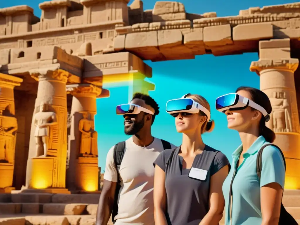 Grupo de turistas con gafas de realidad aumentada explorando ruinas antiguas