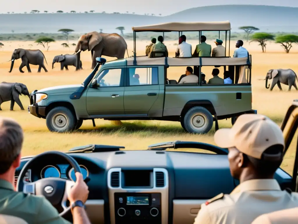 Grupo de turistas en safari admirando elefantes en la sabana africana