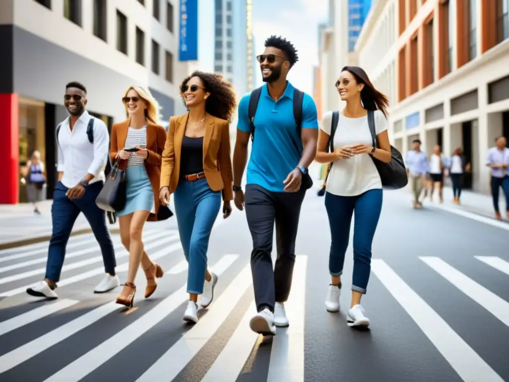 Grupo de turistas urbanos explorando la ciudad con zapatos wearables para turistas urbanos, en una calle bulliciosa y vibrante