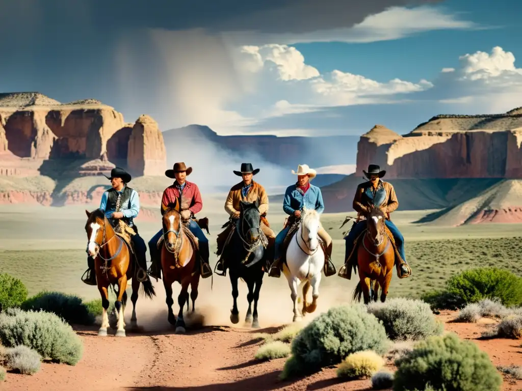 Grupo de vaqueros a caballo en el Viejo Oeste, reflejando la aventura de los medios de transporte en la época