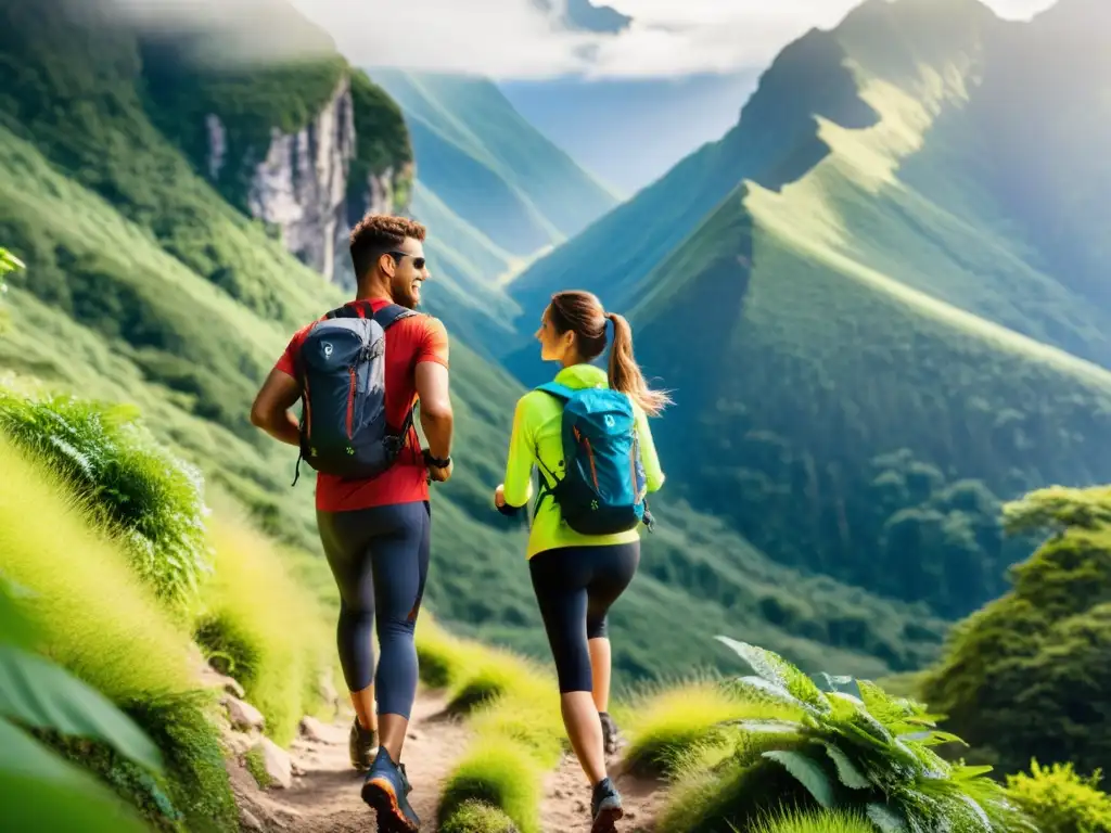 Grupo de viajeros con wearables para actividad física en viajes explorando sendero montañoso entre exuberante vegetación y luz solar