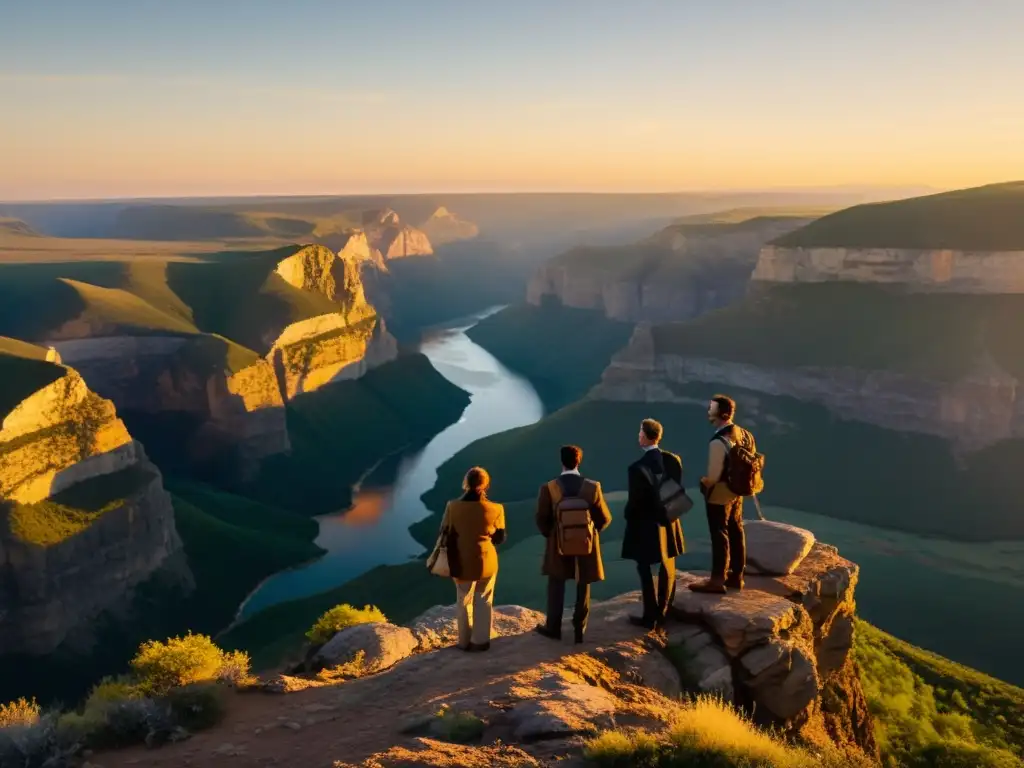 Un grupo de viajeros en atuendos elegantes admirando un paisaje remoto y salvaje al borde de un acantilado al atardecer