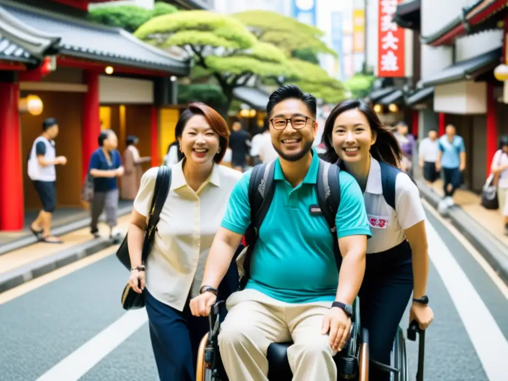 Grupo de viajeros con discapacidad explorando Tokio, destinos accesibles para viajeros discapacidad