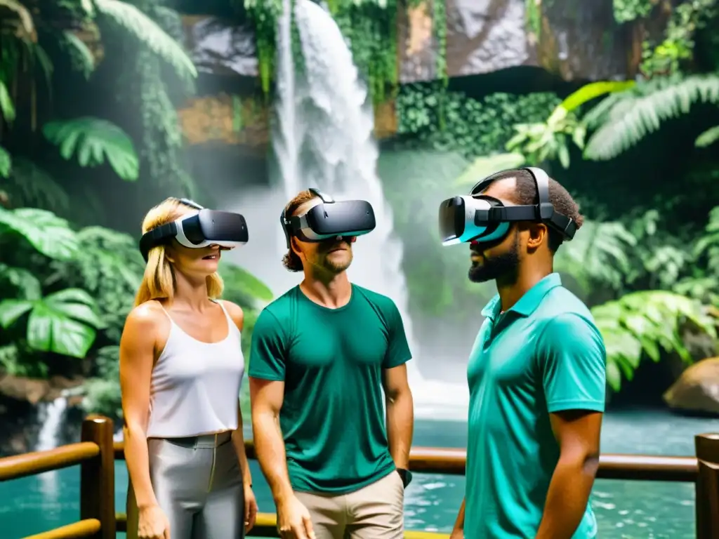 Grupo de viajeros usando dispositivos de realidad virtual para explorar una exuberante selva tropical con cascada