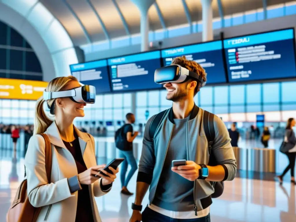 Viajeros tech: Explorando el aeropuerto con wearables Grupo de viajeros usando dispositivos wearables para viajes, explorando un aeropuerto futurista y interactuando con tecnología