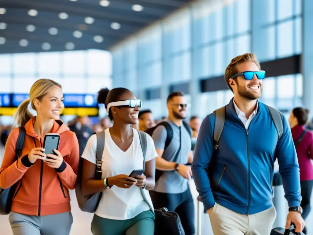 Grupo de viajeros usando dispositivos wearables para comunicación manos libres en un aeropuerto bullicioso, reflejando la moderna conectividad y eficiencia en los viajes