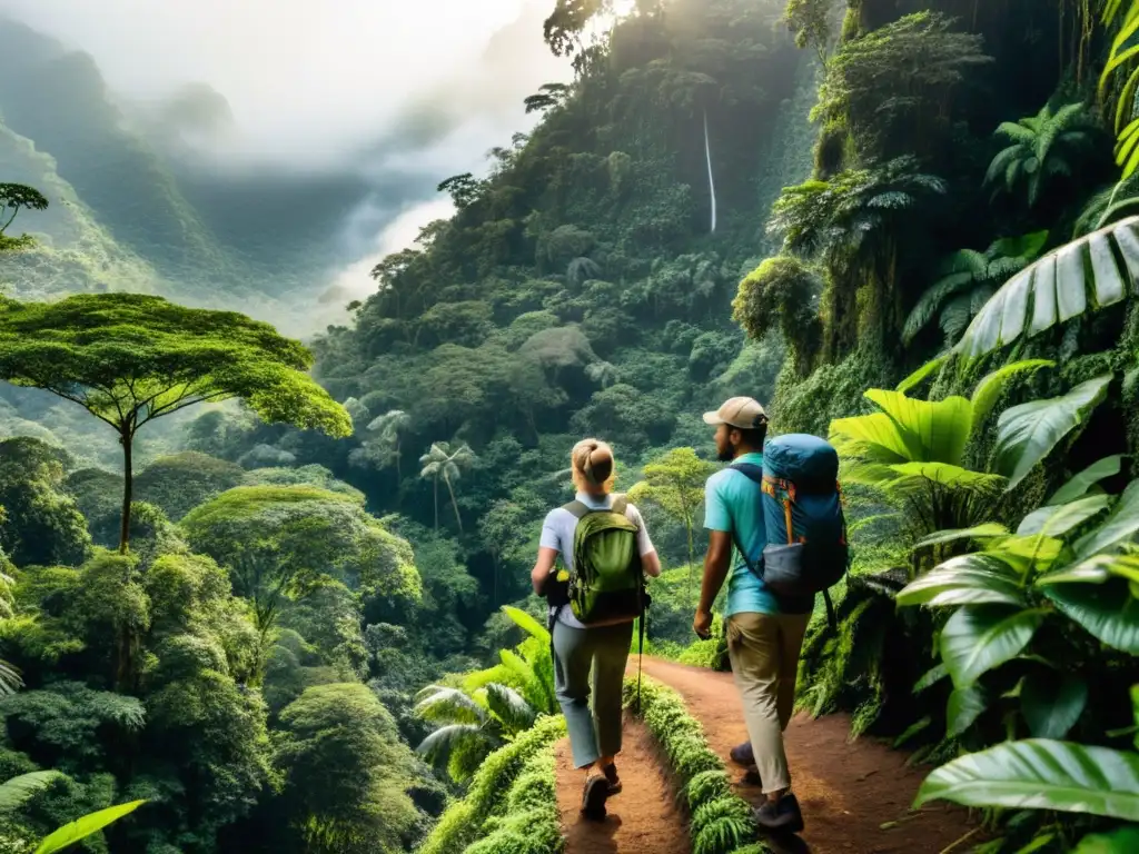 Un grupo de viajeros explora una exuberante selva tropical con un guía local, en un viaje de lujo sostenible