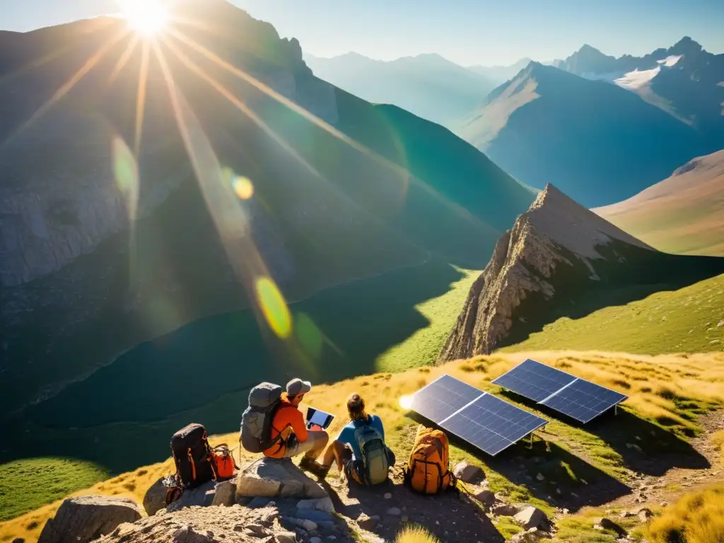 Grupo de viajeros instalando paneles solares portátiles en la montaña, creando energía limpia y sostenible