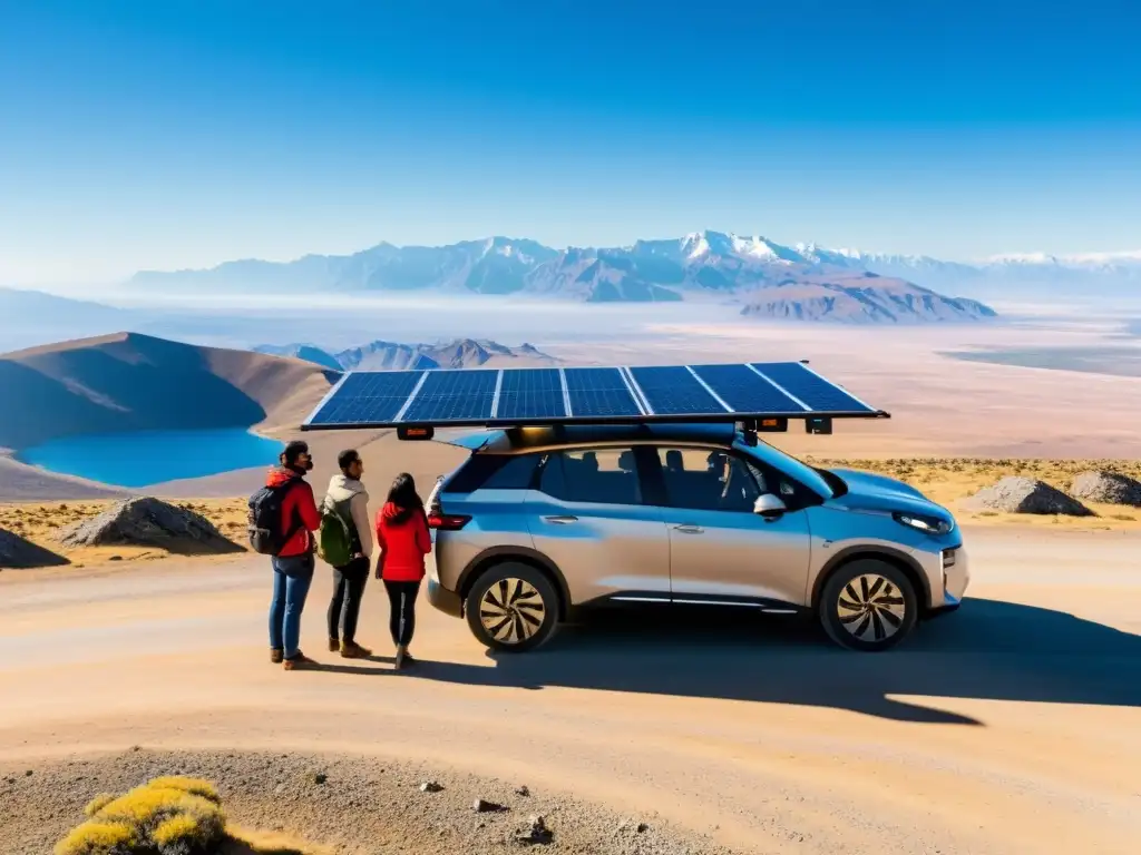 Grupo de viajeros conectando paneles solares portátiles para viajes a su vehículo eléctrico en un camino remoto, bajo el sol radiante y paisaje vasto