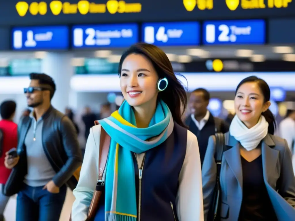 Grupo de viajeros con prendas inteligentes para viajeros en un aeropuerto lleno de tecnología y estilo futurista