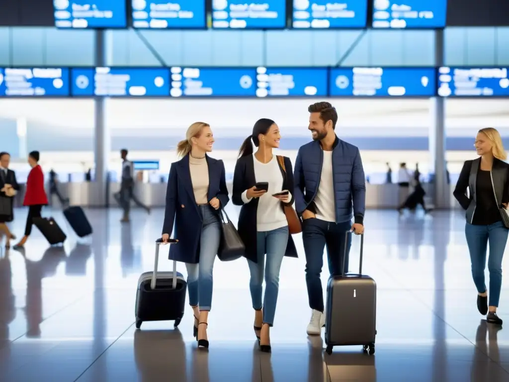 Un grupo de viajeros con prendas inteligentes para viajeros interactúan con tecnología en un bullicioso aeropuerto, fusionando moda y funcionalidad