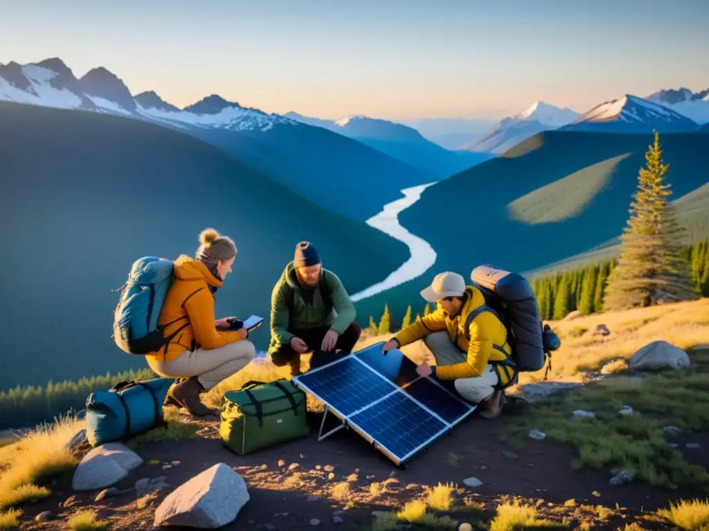 Un grupo de viajeros sonrientes desempacando paneles solares portátiles para viajes al atardecer en la naturaleza salvaje