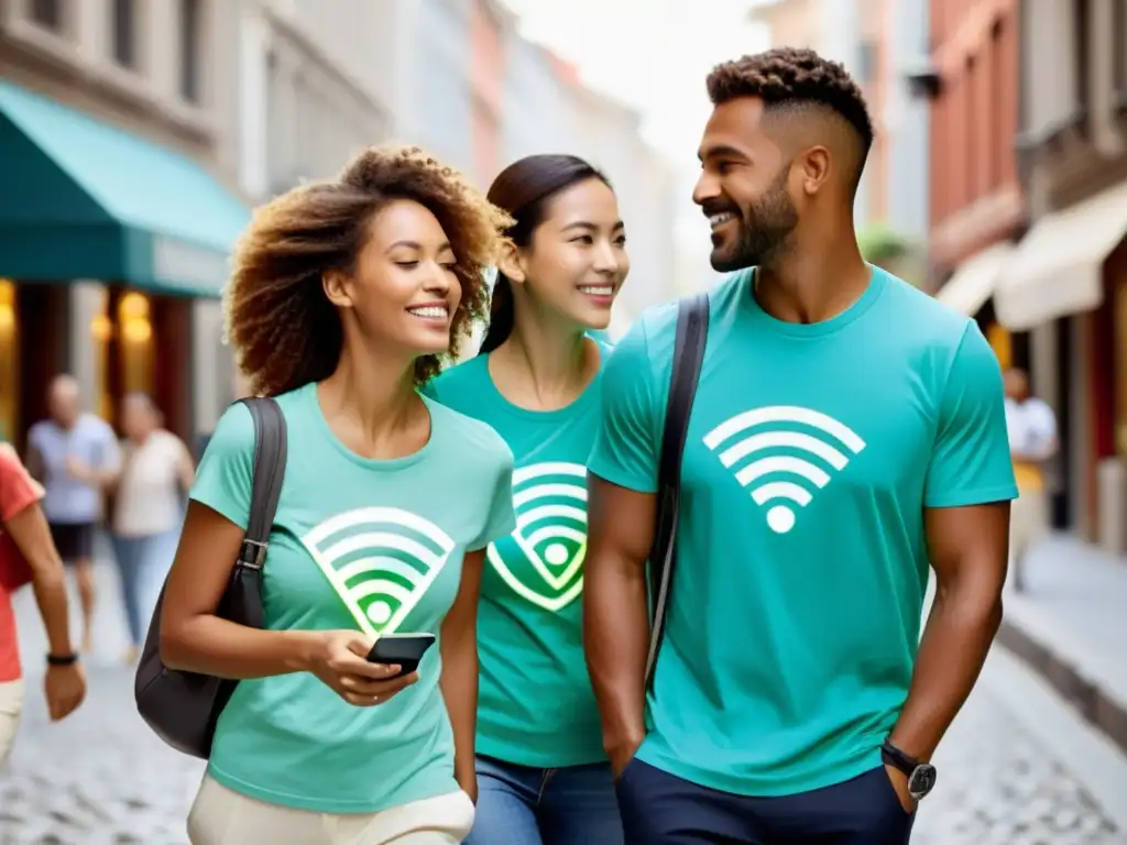 Un grupo de viajeros urbanos explorando la ciudad con camisetas wearables con WiFi, disfrutando de la moderna conectividad en movimiento