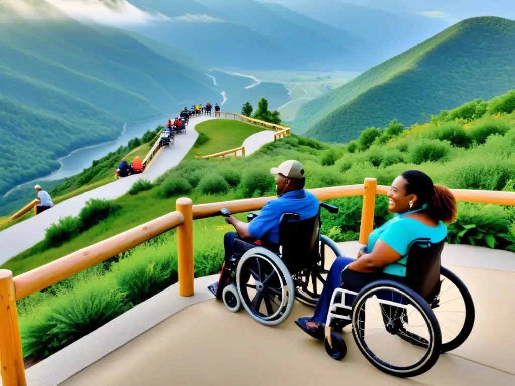 Grupo disfruta vista montaña accesible, transporte inclusivo destinos turismo