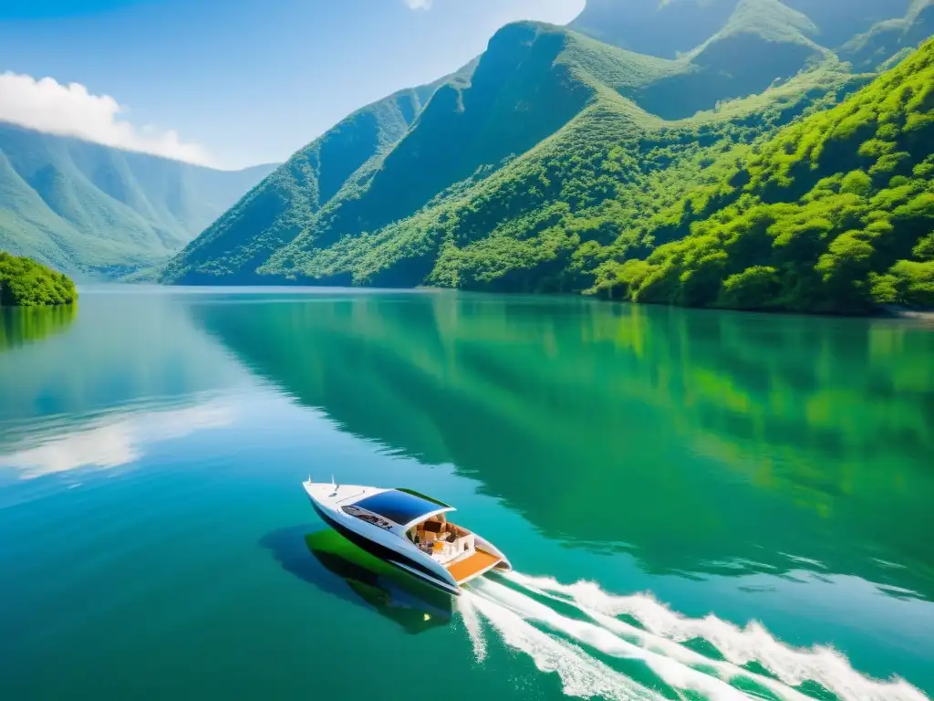 Un guía ecoturístico señala destinos accesibles en barcos eléctricos, rodeado de un lago sereno y montañas verdes