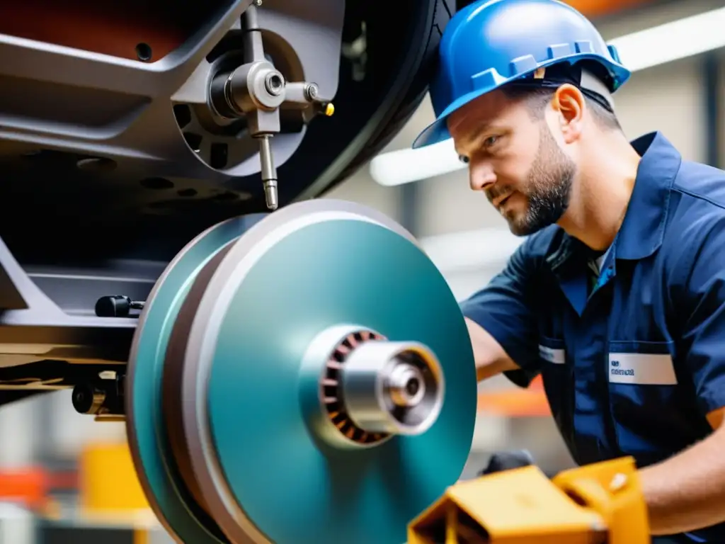 Un hábil técnico instala con precisión un motor eléctrico en un taller limpio y bien iluminado, destacando la transición a tecnologías limpias en la industria automotriz