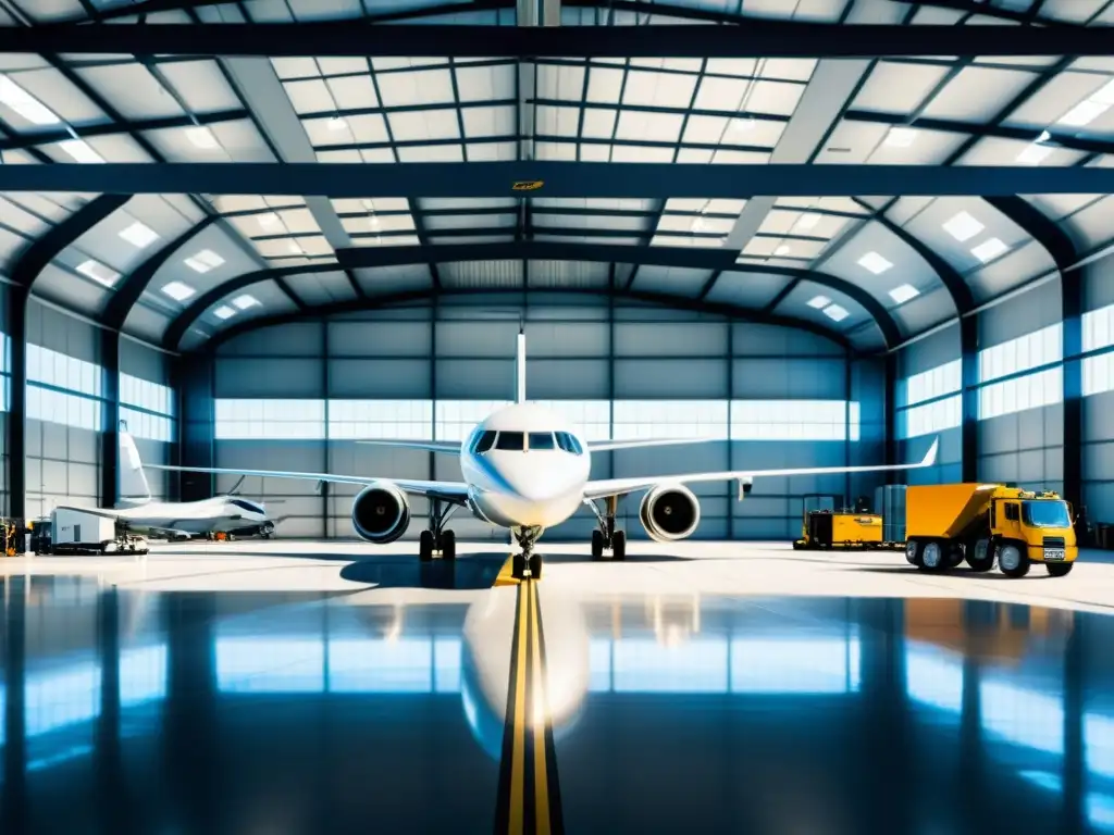 Un hangar de aviones de alta tecnología con equipamiento moderno para hangares de aviones, mostrando tecnología y maquinaria futurista