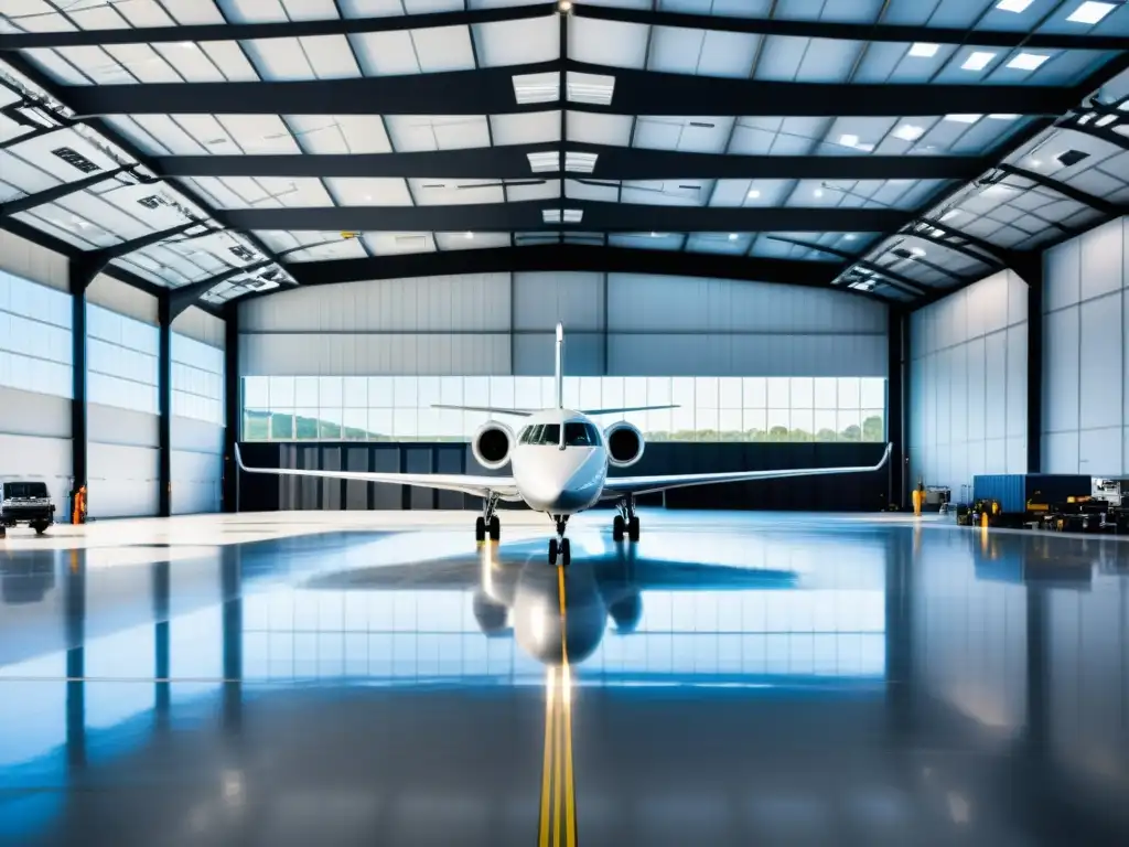 Un hangar de aviones de última generación con equipamiento moderno, tecnología avanzada y personal trabajando en un ambiente dinámico