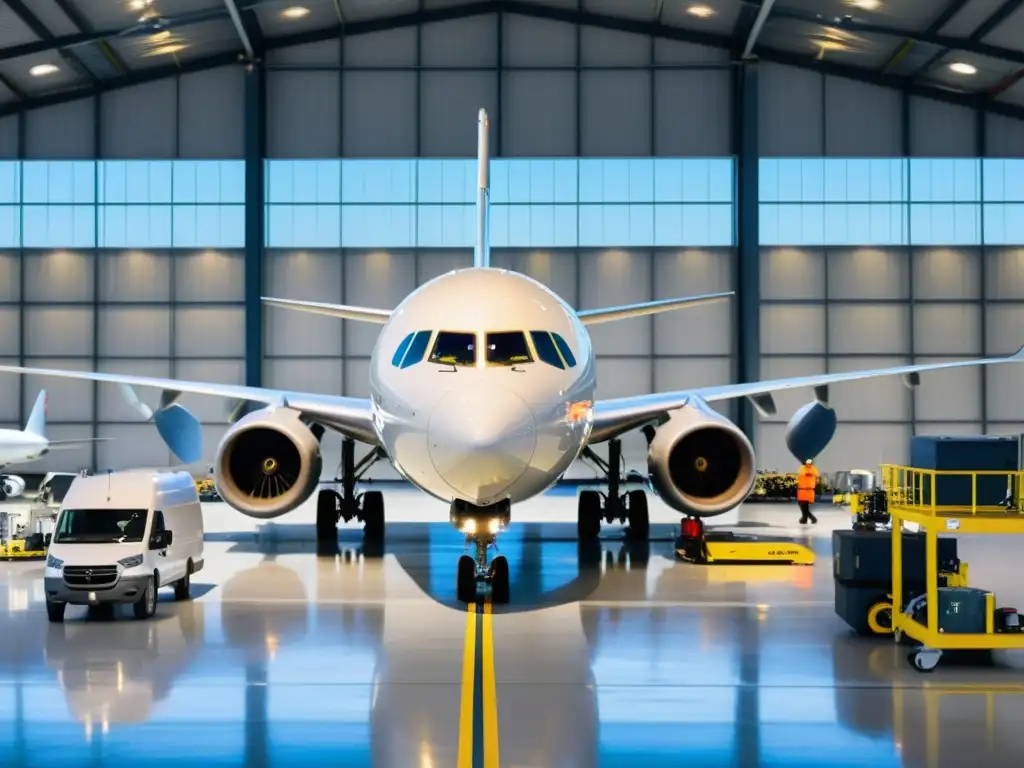 Un hangar de aviones moderno y organizado con equipos de mantenimiento, técnicos y sistemas de seguridad