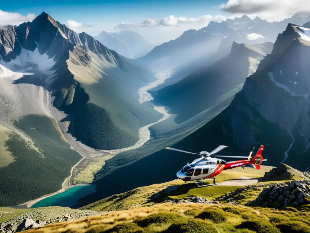 Helicóptero con equipos de emergencia aeronáuticos en alturas extremas, transmite urgencia y profesionalismo en escenarios remotos