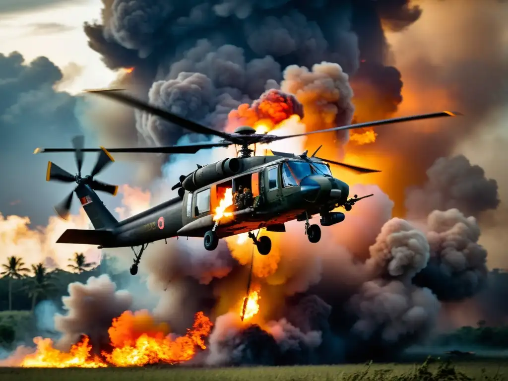 Un helicóptero militar emerge de nubes de humo y fuego en un cielo dramático, evocando la icónica escena de 'Apocalypse Now'