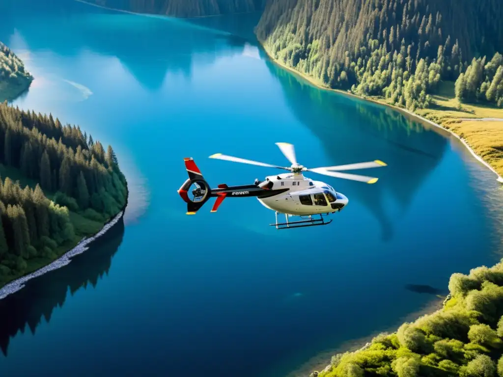 Un helicóptero moderno surcando un paisaje natural impresionante con montañas nevadas, bosques frondosos y ríos sinuosos