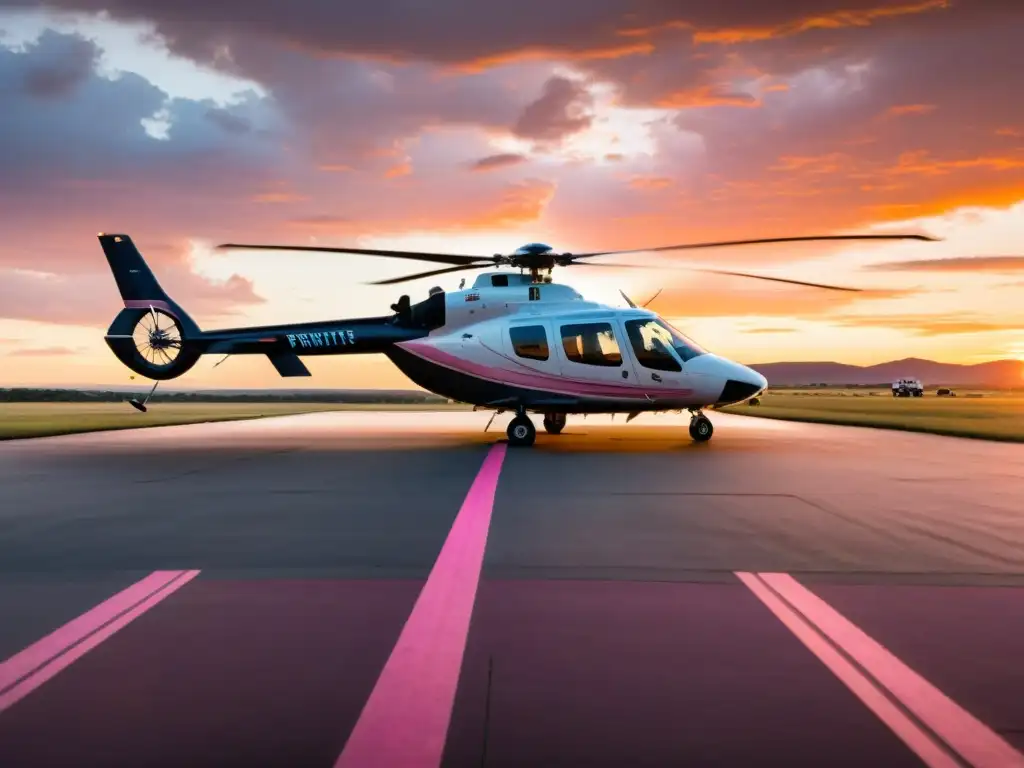 Helicóptero de aviación privada aterrizando al atardecer en una pista rural, con personal de emergencia descargando suministros médicos con urgencia