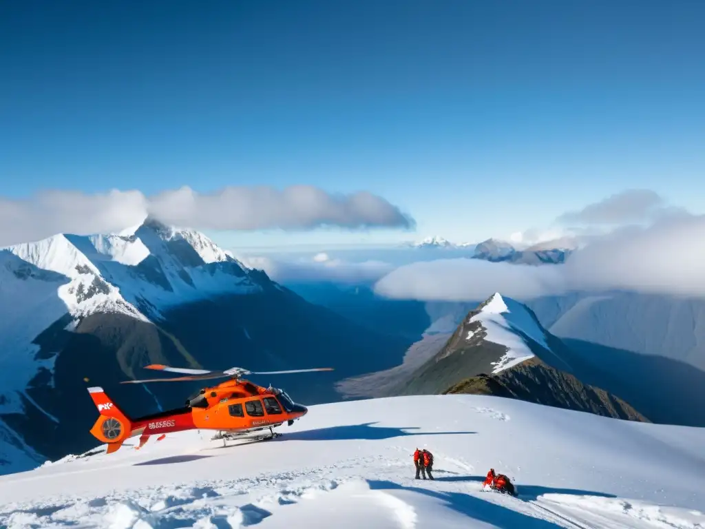 Helicóptero de aviación privada emergencias respuestas rápidas aterriza en pico montañoso, rodeado de niebla densa y picos nevados