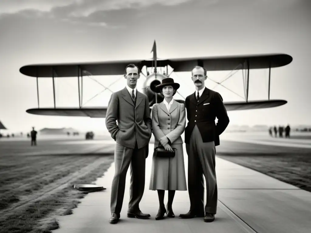 Los hermanos Wright posando junto a su icónico biplano, rodeados de espectadores en un campo de aviación polvoriento