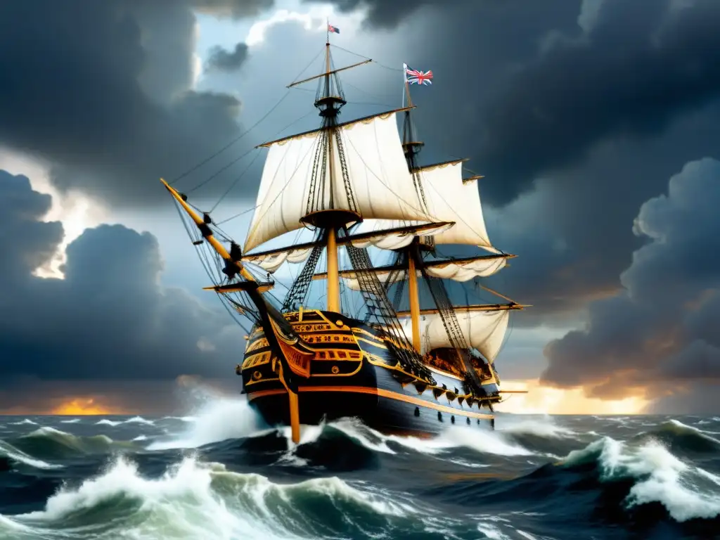 Hermosa representación 8k de la HMS Victory navegando en aguas turbulentas, simbolizando la historia naval evolución