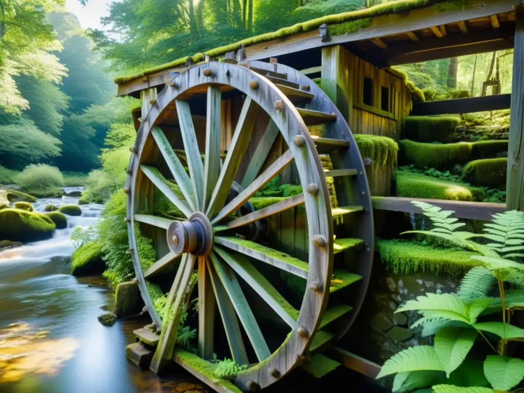 Una hermosa rueda de agua antigua destaca en la orilla de un río tranquilo, mostrando la importancia de las ruedas de agua en el transporte fluvial