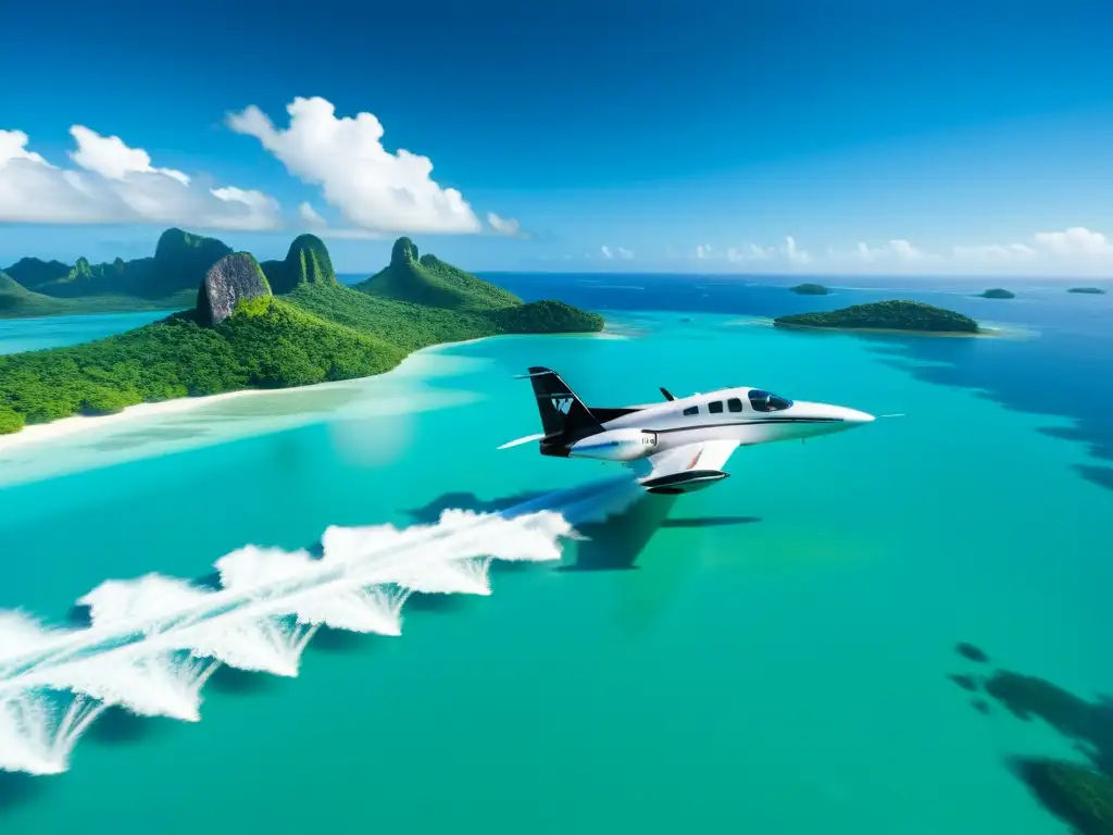 Un hidroavión elegante sobrevolando aguas turquesas hacia islas paradisíacas, evocando aventura y exclusividad