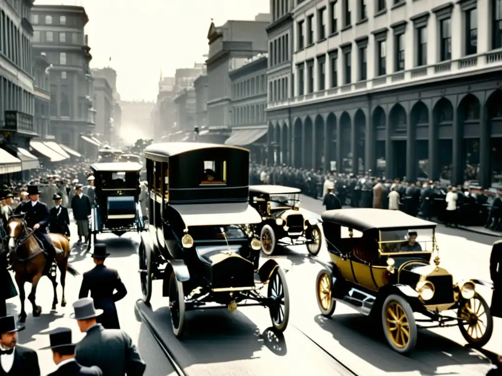 Transformación en la historia de los medios de transporte: mezcla de carruajes y automóviles en una bulliciosa calle de la ciudad del siglo XX