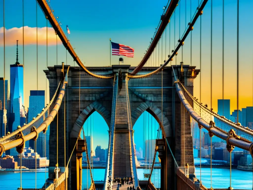 Historia del puente de Brooklyn: impresionante detalle de los cables de acero al atardecer sobre el río East, transmitiendo grandiosidad y artesanía