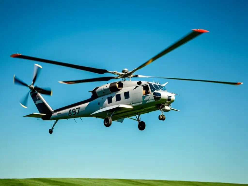 Un helicóptero Sikorsky R4 histórico en un campo, evocando la historia y evolución de la aeronave