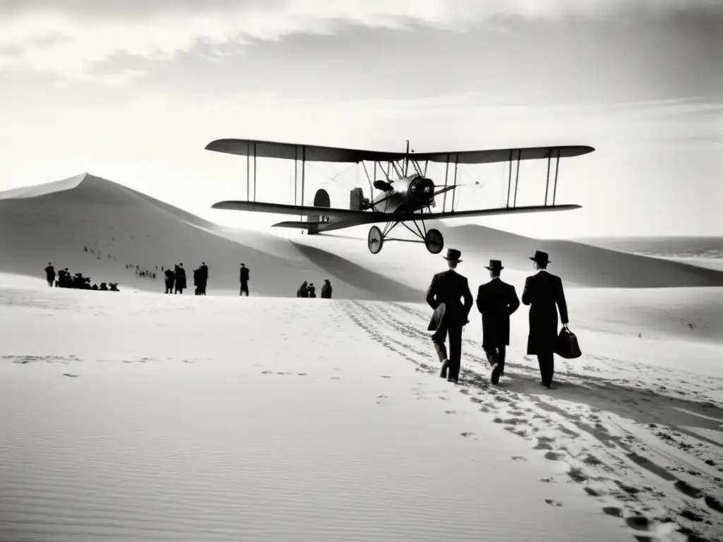 Hitos del transporte aéreo: Momento histórico de los hermanos Wright en Kitty Hawk en 1903, despegando con el Wright Flyer