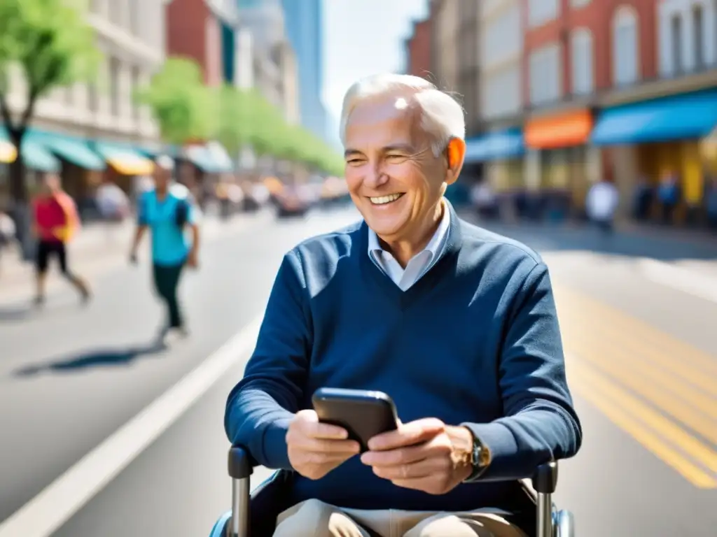 Un hombre mayor sonríe mientras usa una app de transporte accesible en su smartphone