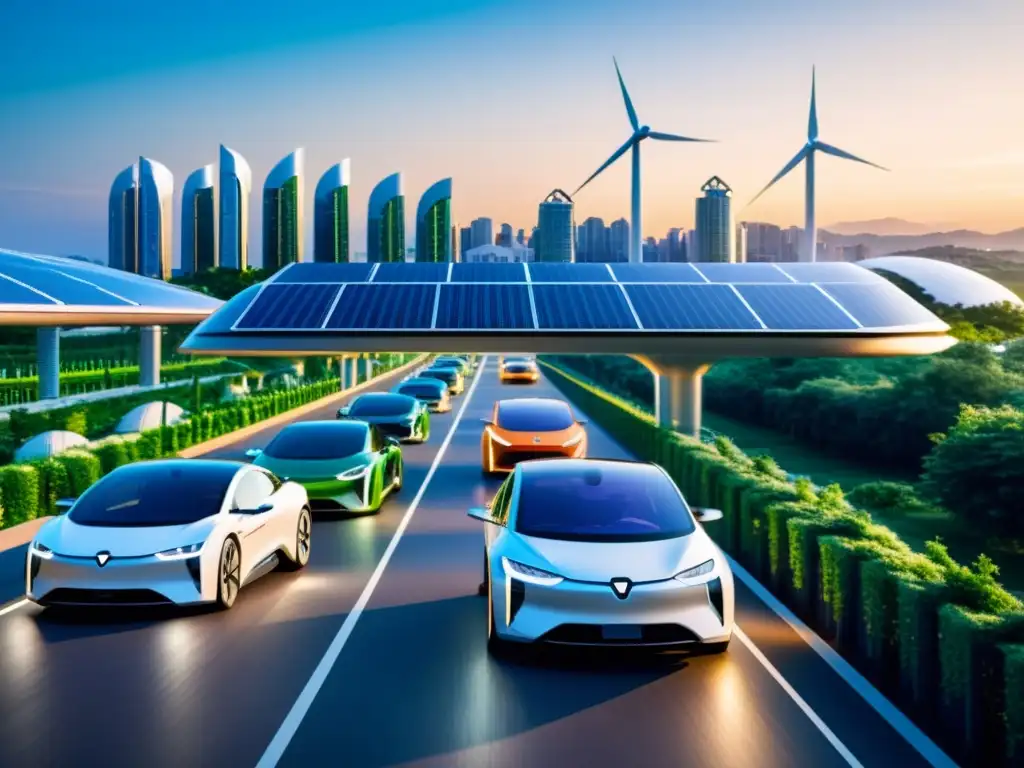 Horizonte urbano futurista con vehículos eléctricos dinámicas globales, energía renovable y diseño sostenible al anochecer