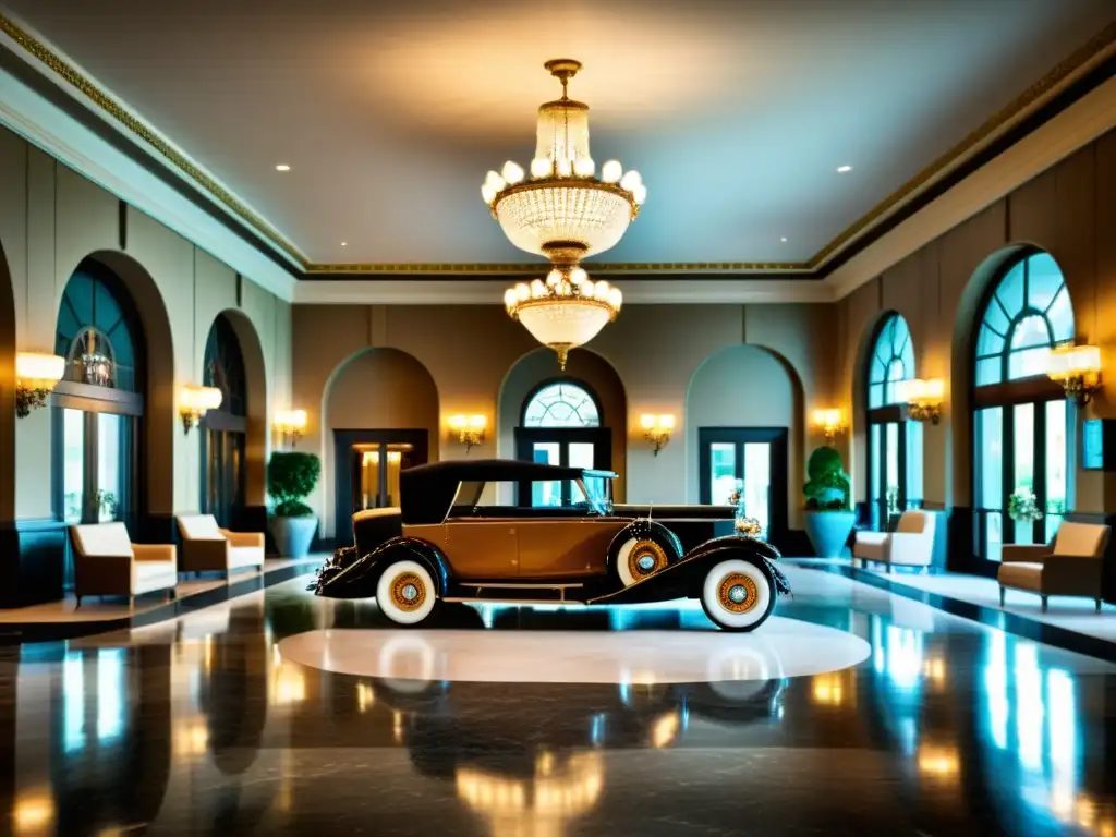 Hotel histórico con exquisito auto vintage en el lobby, evocando la evolución del transporte y la historia de lujo