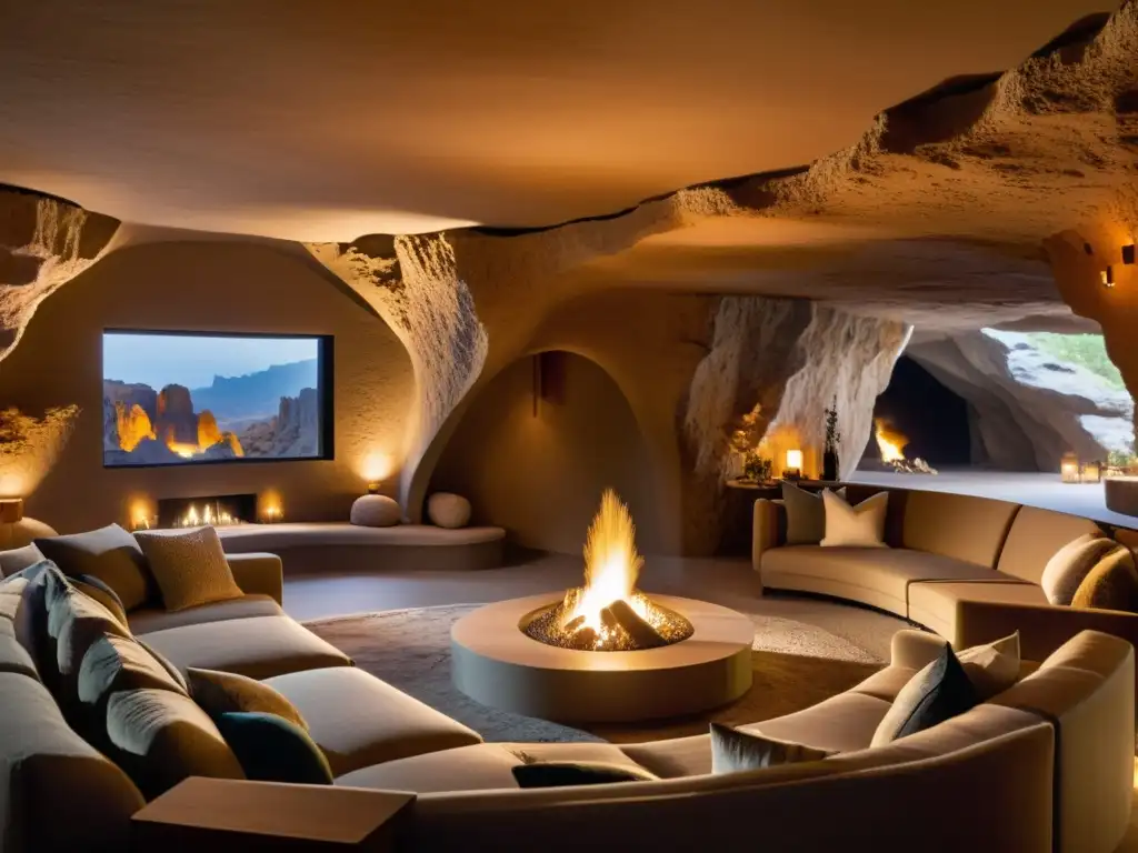 Habitación de hotel subterráneo de lujo con vista a cueva con estalactitas y estalagmitas, decoración elegante y moderna