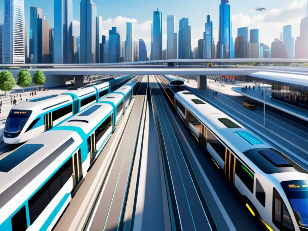 Un hub de transporte futurista con trenes y buses autónomos, infraestructura hightech y datos de tráfico en tiempo real