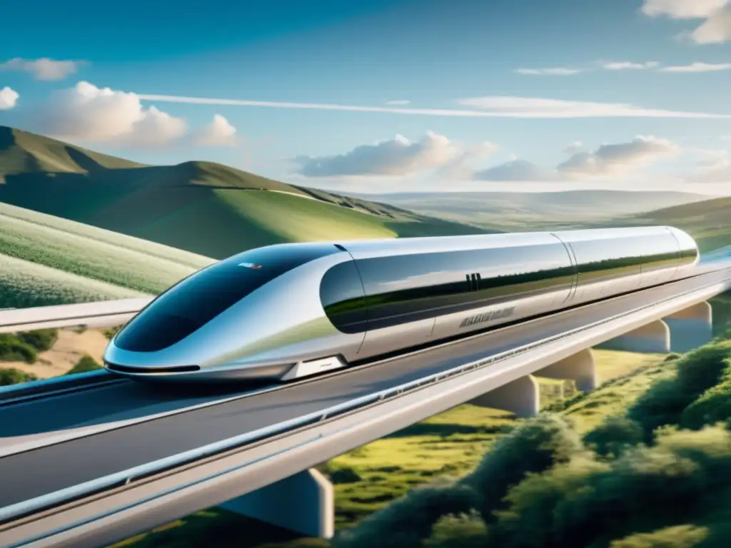 Hyperloop europeo: avance tecnológico y colaboración internacional Hyperloop en Europa: Imagen documental de un pod futurista surcando el paisaje europeo, con detalles de la infraestructura y banderas de diferentes países