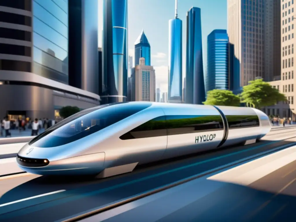 Un Hyperloop futurista se desliza por una bulliciosa ciudad, mostrando su adaptación para necesidades específicas de transporte urbano