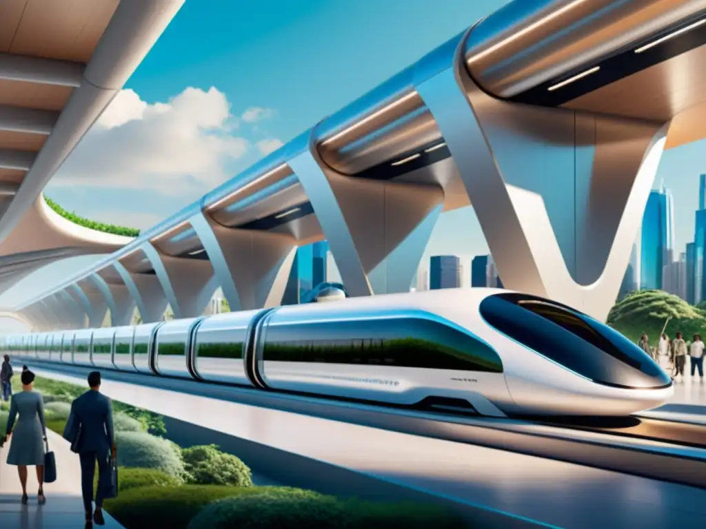 Estación de Hyperloop integrada en la ciudad, rodeada de vegetación, con pasajeros abordando pods de alta velocidad