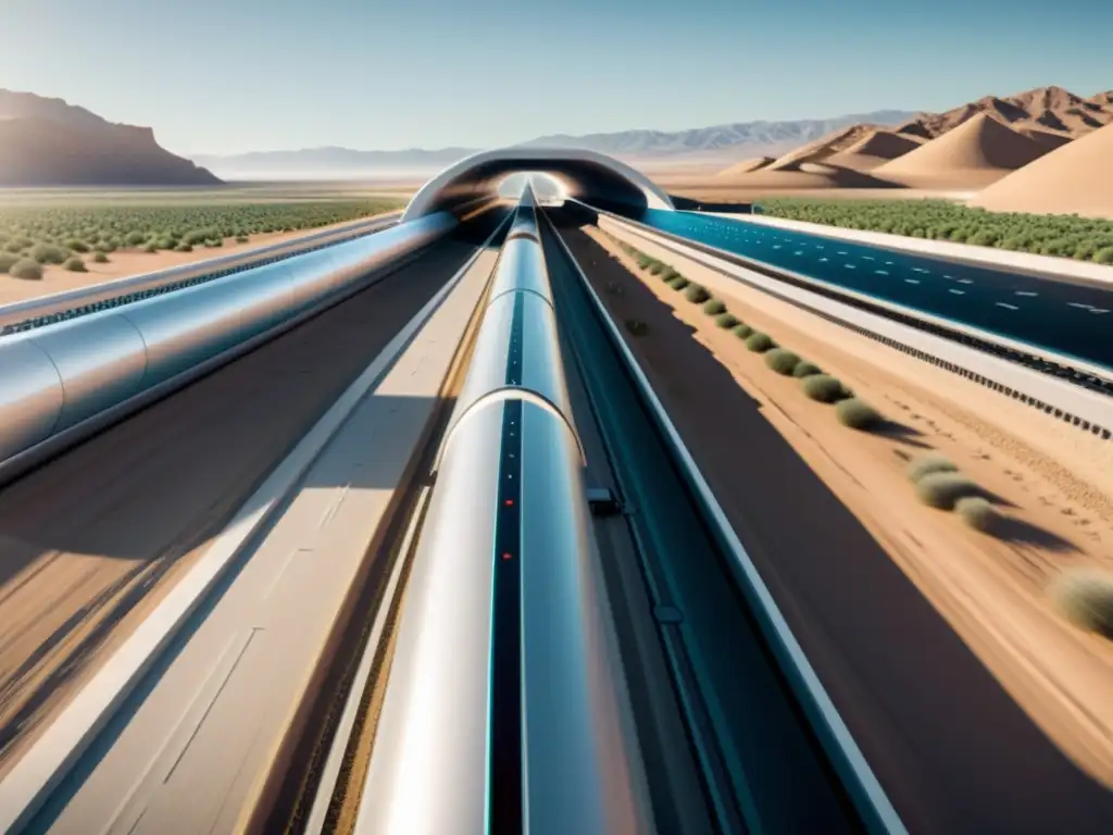 La evolución del Hyperloop en transporte: pista de prueba futurista rodeada de tecnología avanzada y científicos trabajando en componentes