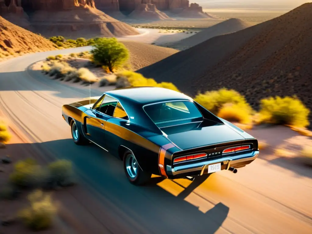 Un icónico 1969 Dodge Charger negro en un camino desértico al atardecer, evocando la emoción de los automóviles memorables de la televisión