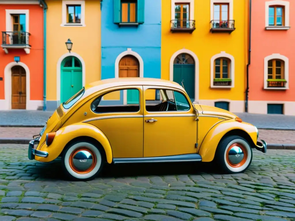 Un icónico Volkswagen Escarabajo en una calle empedrada, resaltando su historia y encanto atemporal en la cultura del transporte