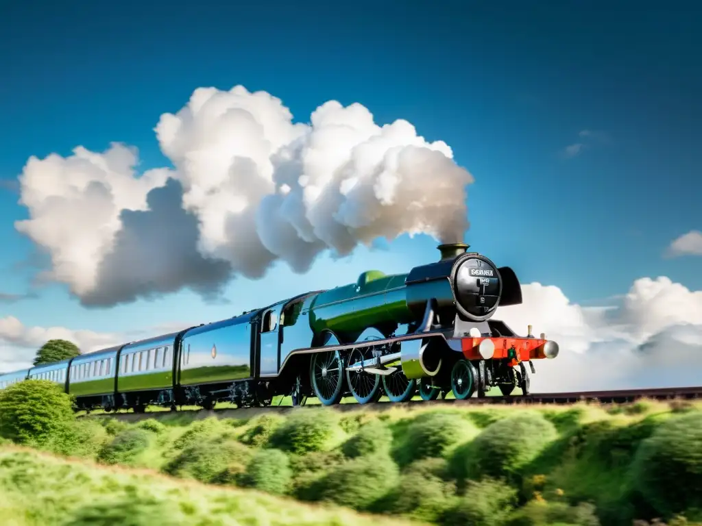 El icónico tren Flying Scotsman atraviesa el paisaje británico, evocando poder, elegancia y nostalgia de los trenes icónicos en la historia