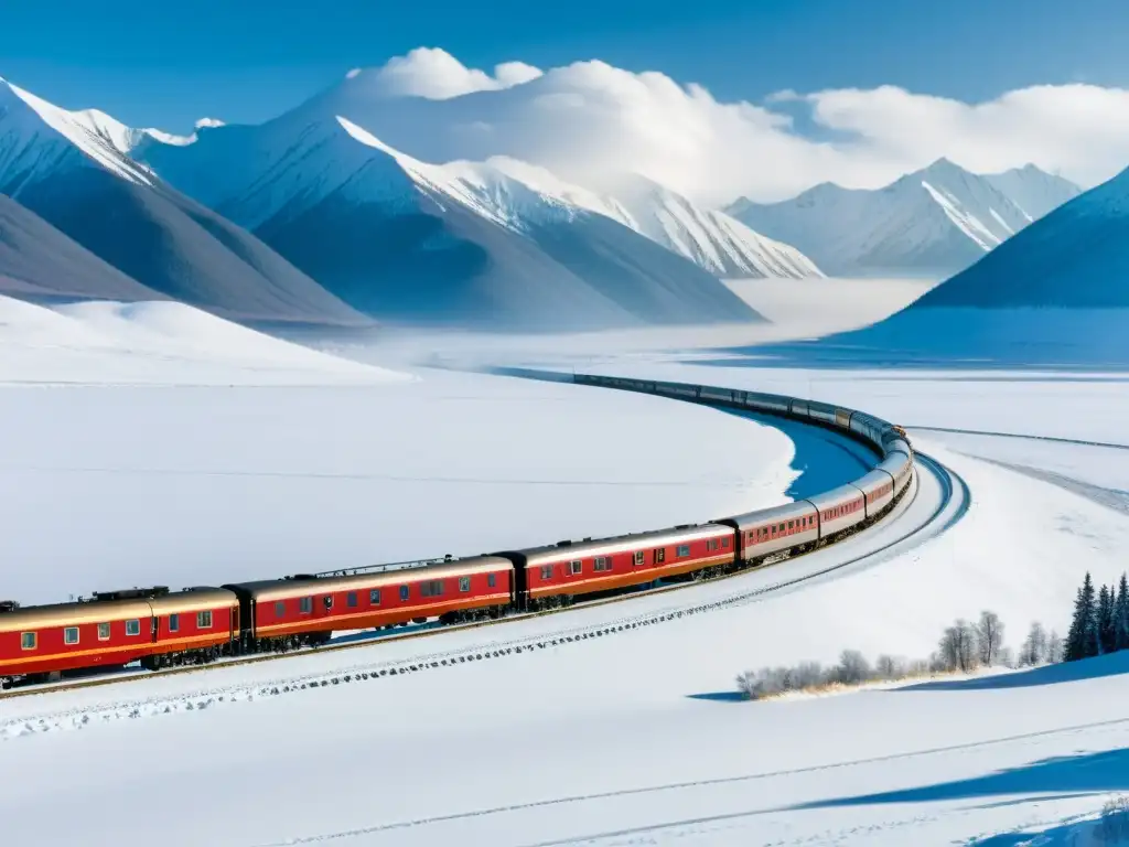 El icónico tren Transiberiano serpentea a través del vasto paisaje nevado de Siberia, destacándose sus llamativos vagones rojos y dorados, mientras las montañas se alzan al fondo